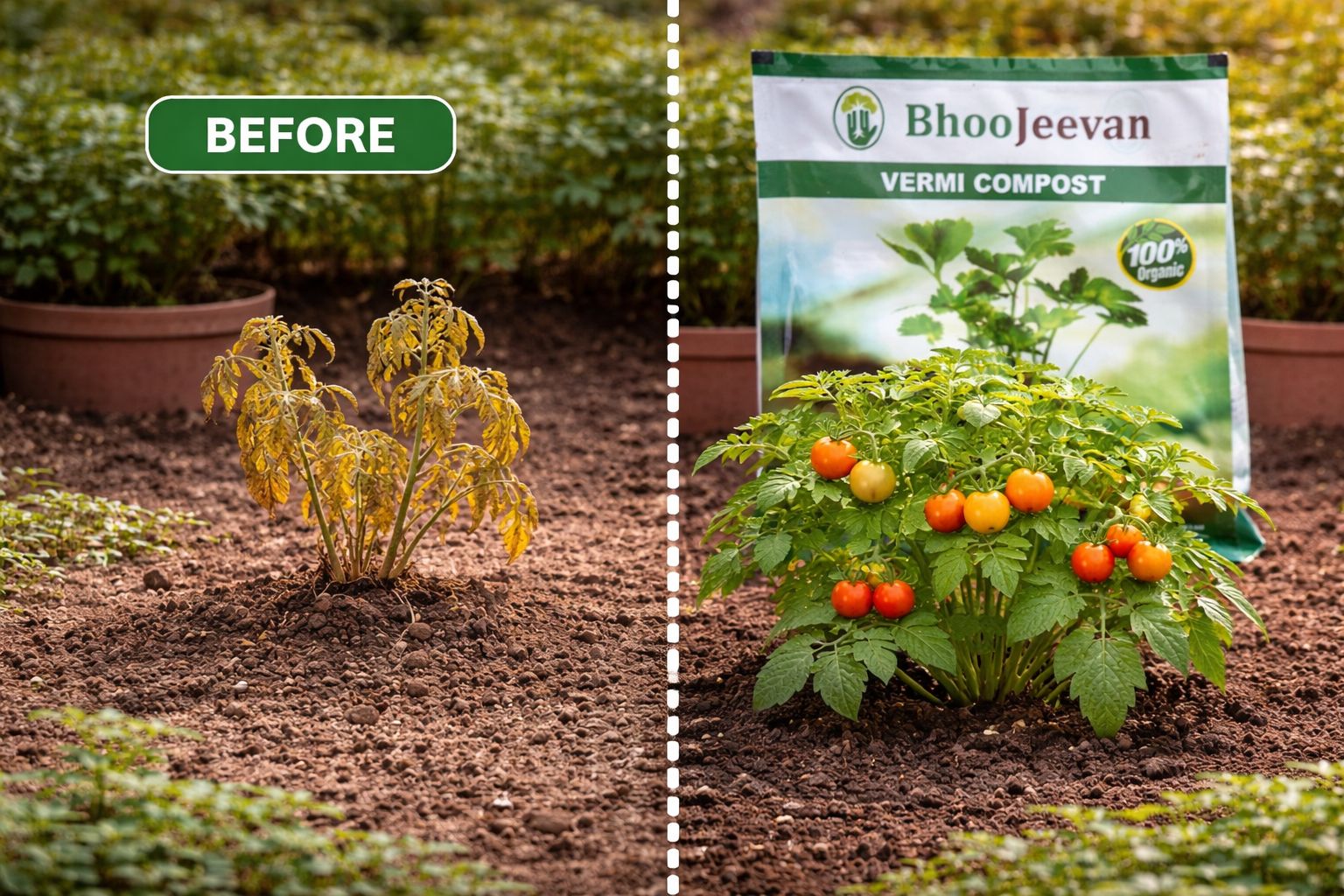 Before and after using Bhoojeevan Vermicompost - plant transformation